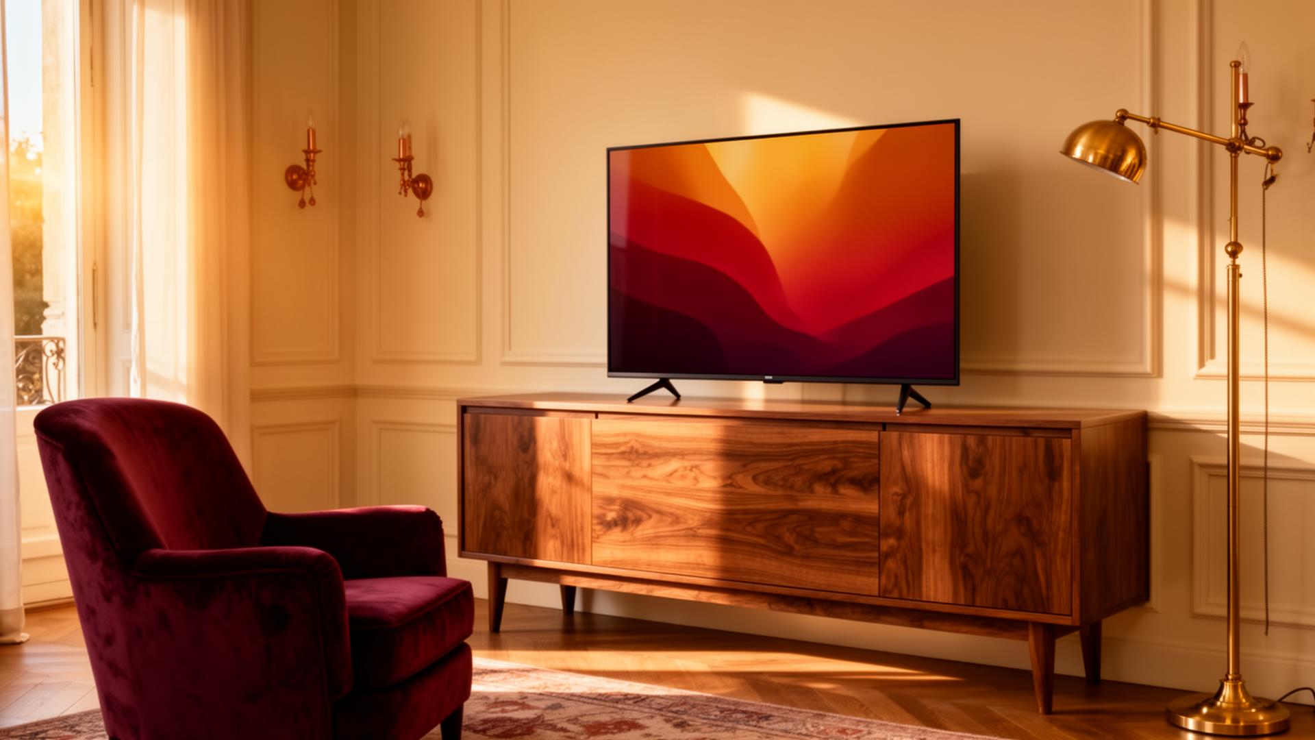 A Sinudyne Smart TV in a warm living room at sunset.